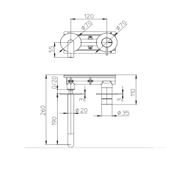 Смеситель настенный Bossini Nobu на 2 отверстия. с изливом 190 мм. без донного клапана... Mat brushed S.S.(внешняя часть)