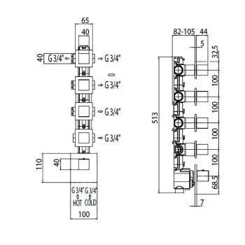 Bossini Rectangular Термостат для душа, встраиваемый, с девиаторм/3 запорных вентиля на 5 выходов, у