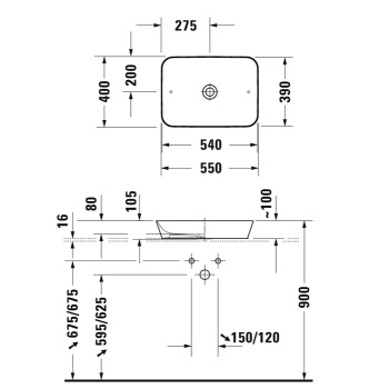 Duravit Cape Cod Раковина накладная квадратная 550 мм, без отверстия под смес, цвет внутри - белый, снаружи - белый