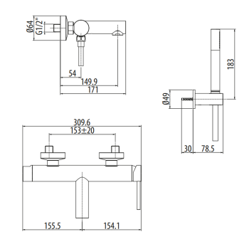 Смеситель настенный для ванны Gattoni Circle One с ручной лейкой на держателе, bianco opaco 9000/90BO