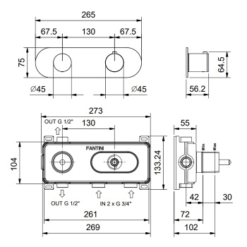Смеситель настенный встраиваемый Fantini Aa/27 термостатический, с переключателем на 2 положения, внешняя часть, отделка матовая натуральная сталь 33 93 Y372B