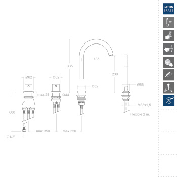 Смеситель на борт ванны Ramonsoler Drako термостатический с изливом и ручным душем 333303TM