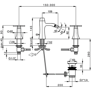 Смеситель для биде Cisal Cherie на 3 отверстия, с донным клапаном, розовое золото/черный CX0012207E