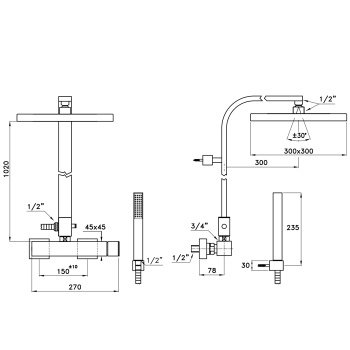 Душевой комплект Stella Bamboo Quadro 3283/420/304-300: смеситель, штанга+ручной+верхний душ 300 хром BQ 02424 CR00