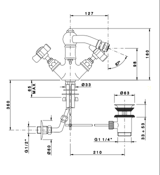 Смеситель для биде Nicolazzi Dames Anglaises с 2мя ручками, на 1 отв., с донным клапаном, излив 127мм, золото 1434GB18