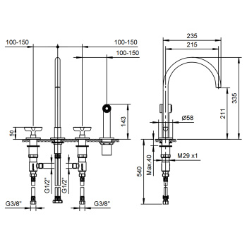 Смеситель для кухни Fantini Icona Classic 4 отв, без донного клапана, излив 215, с ручн душем, хром 53 02 R051