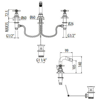 Смеситель для биде Gattoni Trd на 3 отверстия, ручки Paris, высота излива 105, с донным клапаном, золото 24к TR147/18D0