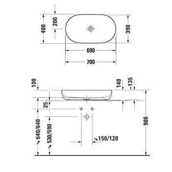 Duravit Luv Раковина на столешницу 70х40 мм, без перелива, без площадки, с выпуском, с креплением, белый
