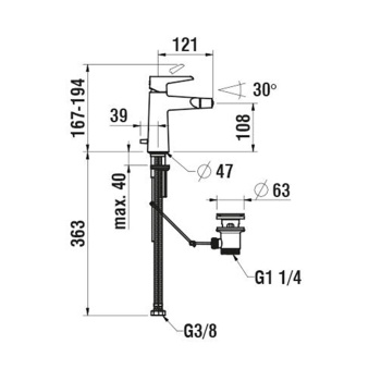 Laufen VAL Смеситель для биде однорычажный, фиксированный излив 121 мм, Eco+, с донным клапаном, хром