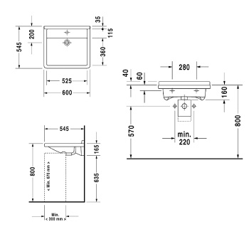 Duravit  Starck III Раковина подвесная узкая  600х545 мм. с переливом, с намеч отв под смеситель, цвет белый