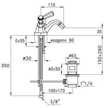 Смеситель для биде Stella Eccelsa Leve на 1 отверстие 3604, с донным клапаном, золото 24К EL 00204 AU00