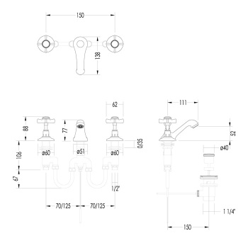 Смеситель для биде Devon&Devon Coventry на 3 отв. с донным клапаном излив 111 мм светлое золото MARF35