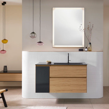 Burgbad Accura Комплект мебели 111.7х49х61.2см., 2 ящика, 1 стеклянная дверца слева Антрацит, в комплекте с черной матовой раковиной, цвет: Eiche natur SGVI111R F6077 C0038