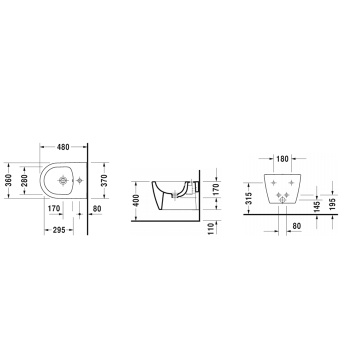 Duravit ME by Starck Биде подвесное &amp;quot;компакт&amp;quot; с перел., с 1 отв. под смес., вкл. крепление Durafix, 370x480мм, Цвет: Белый