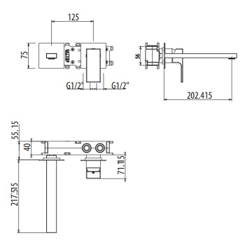 Смеситель встраиваемый Gattoni Kubik на 2 отв, с внутренней частью G-BOX,излив 202, хром 2539/25C0