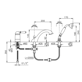 Смеситель на борт ванны Nicolazzi Cristallo на 3 отверстия, с изливом 200мм и ручным душем, хром 3414CR33