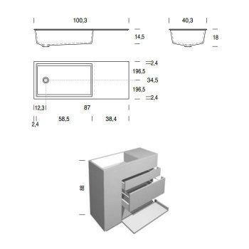 Тумба с раковиной Noorth Milldue Edition Touch 1000х400х880, напольный, 3 ящика, слив в пол, раковина Milltek белая матовая, отделка Argilla матовый, 371865