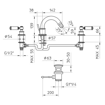Bossini Liberty Смеситель для биде на 3 отверстия с поворотным изливом и заглушкой 1”1/4, цвет