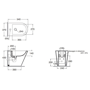 Биде приставное Azzurra Forma 54х37х42, с 1 отв под смеситель,с креплением, nature green FMBIT000000MNA