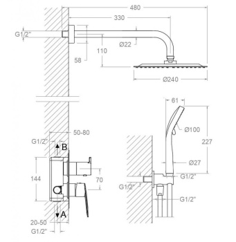 Смеситель для душа Ramonsoler Civic встраиваемый на 2 выхода с тропическим и ручным душем с внутренней частью K5115021