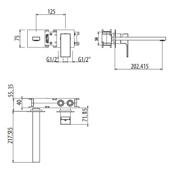Смеситель встраиваемый Gattoni Kubik на 2 отв, с внутренней частью G-BOX, излив 202, nero opaco 2539/25NO