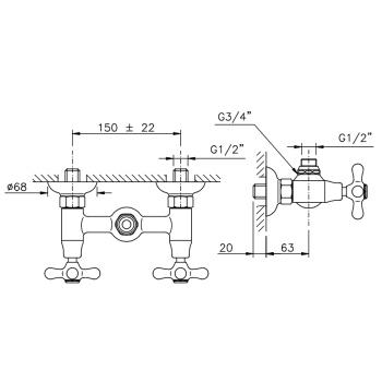 Смеситель для душа Nicolazzi Nuova Brenta с 2мя ручками, вывод сверху 1/2 , без душевой лейки, бронза 2525BZ01