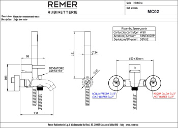 Смеситель для ванны Remer Metrica  золото брашированное MC02BG
