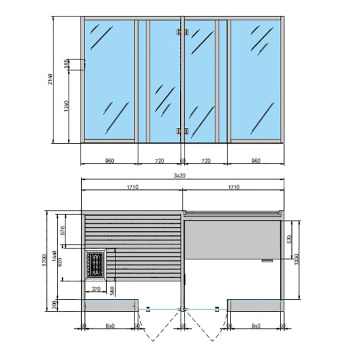 Сауна хаммам Effegibi Yoku Sh Glass 342x170h214, пристенная, сауна чёрный орех/calacatta gold extra YO 30 31 0004
