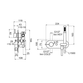 Внешняя часть скрытый смеситель для душа Carimali IlTondo один контроль, горизонтальный, с автоматическим переключателем, ручной душ ONE JET ABS STICK, хром 0-ITD5706EST-CR