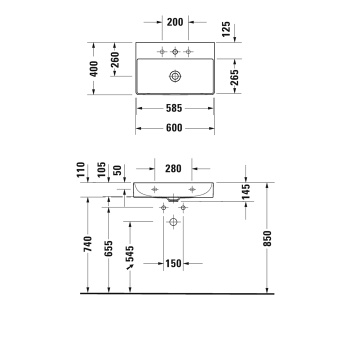 DURAVIT DURASQUARE Раковина 600х400 мм., без отверстий для смесителя, без перелива, в комплекте с креплением, цвет белый