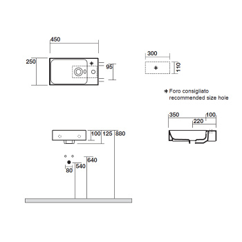 Раковина подвесная Kerasan Cento 450х250 , с 1 отверстием для смесителя по центру, белый 353701C*1