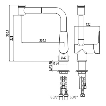Смеситель для раковины Gattoni H2omix3000 Cucina 205 3070/30C0cr с выдвижным распылителем излив, хром