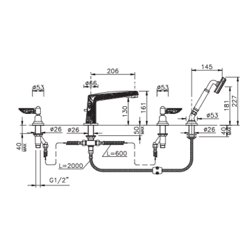 Смеситель на борт ванны Nicolazzi Liberty на 4 отв., излив: 206 мм, с ручным душем, хром 1004CR16