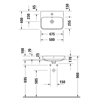 Duravit Happy D.2 Plus Раковина 500х400мм с переливом,  без отв под смес, с креплением,  выпуск с керам. покрытием цвет Anthracite matt/белый, покр Wo
