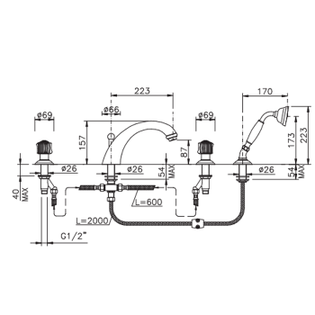 Смеситель на борт ванны Nicolazzi Onice на 4 отв., излив: 223 мм, с ручным душем, хром 2104CR09O