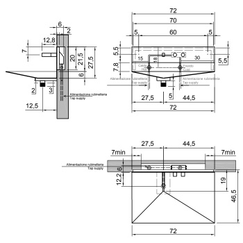 Раковина Antonio Lupi Lavandino 72х44.5х27.5, 3 отв., из нержавеющей стали, со смесителем и самотечным донным клапаном, Stainless steel 316/L А0002438405