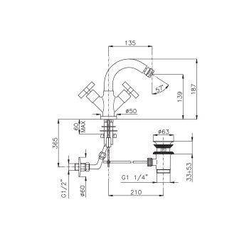 Смеситель для биде Nicolazzi Mac Kinley 05 на 1 отверстие, с 2мя ручками, излив: 137мм, золото 2237GO29