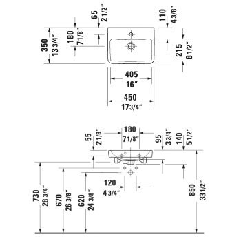 Duravit №1  Умывальник с переливом, с 1 отв.под смеситель 450х350 мм
