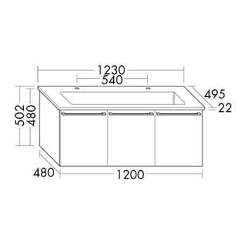 BurgBad Bel База с керамическим умывальником 123х49.5х50.2см с 2 отв под смеситель, 3 дверки, ручки выемки, цвет: белый глянцевый F0590  подвесной, с зеркальным шкафом с подсветкой SPFV120L