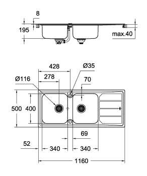 Мойка GROHE из нержавеющей стали с корзинчатым вентилем, оборачиваемая, 2 чаши, K500 80 -S 116/50 2.
