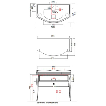 Тумба под раковину Kerasan Retro 100, 1050, черный глянц, ножки, арт.736291,:золото, ручки: кристалл/кольцо-золото, упаковка-2 коробки 7363K4
