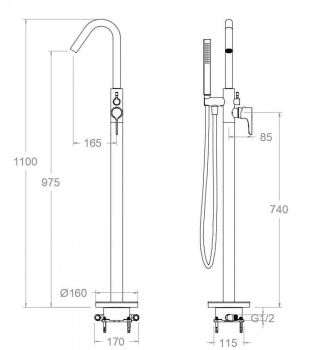 Смеситель для ванны Ramonsoler Adagio напольный с душевым комплектом графит 918503DGR