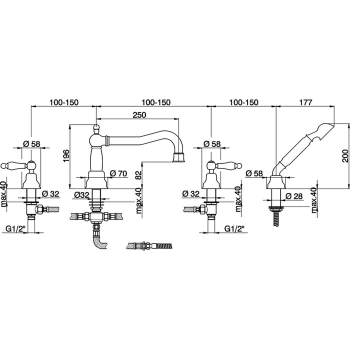 Смеситель на борт ванны Cisal Arcana Toscana на 4 отверстия,излив 250 мм, бронза TS00026427