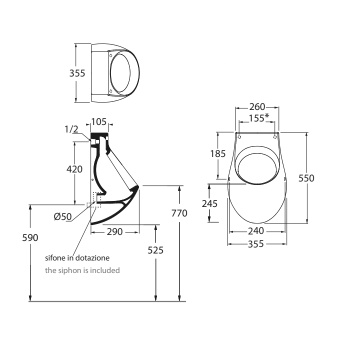 Писсуар настенный Azzurra Nuvola 55х35,5см с отверстиями для крышки, с креплением/сифоном,, белый NUOR0000000MBI/(NUV100F/OR bi)
