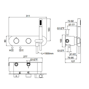 Внешняя часть Скрытый горизонтальный термостатический смеситель c держателем длядуша держателем Carimali Iltondo 3 выхода, гладкий гибкий шланг, хром 21838EST/A-CR