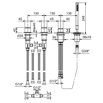 Смеситель на борт ванны Fantini Mint на 2 источника, 4 отв., с ручн душем, без излива, хром 34 02 F167
