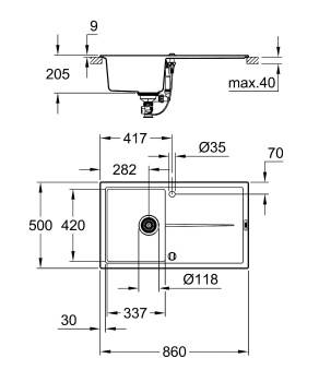 Мойка GROHE K400, 860 x 500 мм, серый гранит 31640AT0