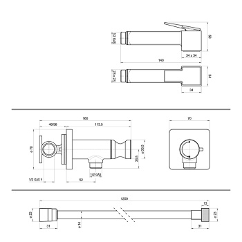 Bossini Cube Brass Гигиенический душ с прогрессивным смесителем, лейка металлическая, шланг Cromolux