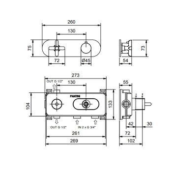 Термостат для душа Fantini Icona Classic на 2 источника, 3/4", наружная часть, черный матовый 53 13 R772B