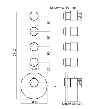 Смеситель для душа встроенный Fima Carlo Frattini Spillo Steel термостатический, 4 запорных вентиля, внешняя часть, INOX F3083X4INOX